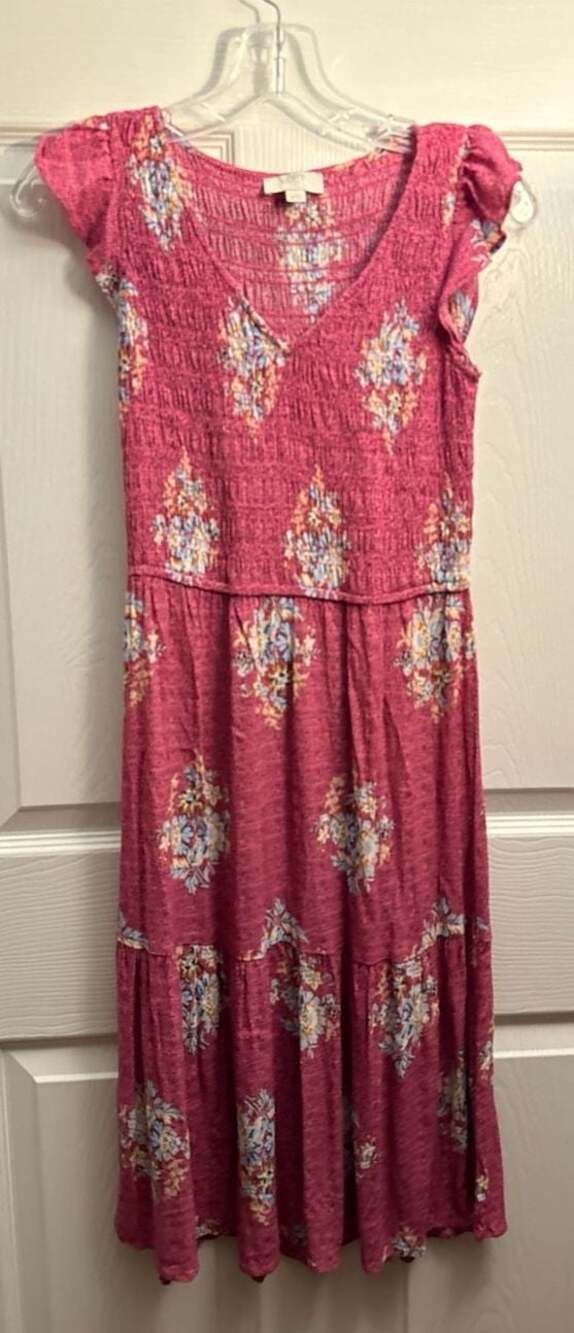 LOFT Outlet Petite Pink Floral Smocked Tiered Dress, XXSP